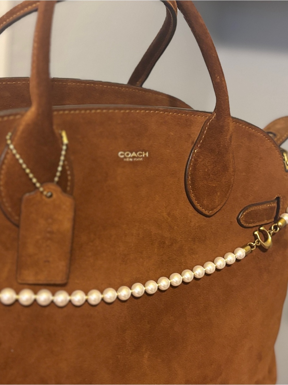 Coach Soft Empire Carryall Bag 40 in Brown Suede Satchel with Pearl Accent Strap - Picture 8 of 15